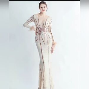 Gold Sequin Embellished Long Sleeve Gown